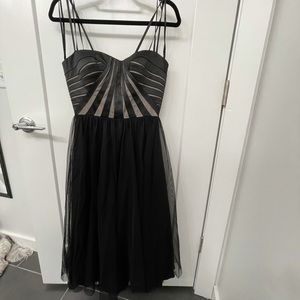 Aidan Mattox black strapless tulle tee length dress, bustier-style top